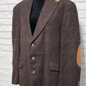 Evan Picone 100% wool tweed dk choc brown elbow patches 44 Lg Blazer Jacket USA